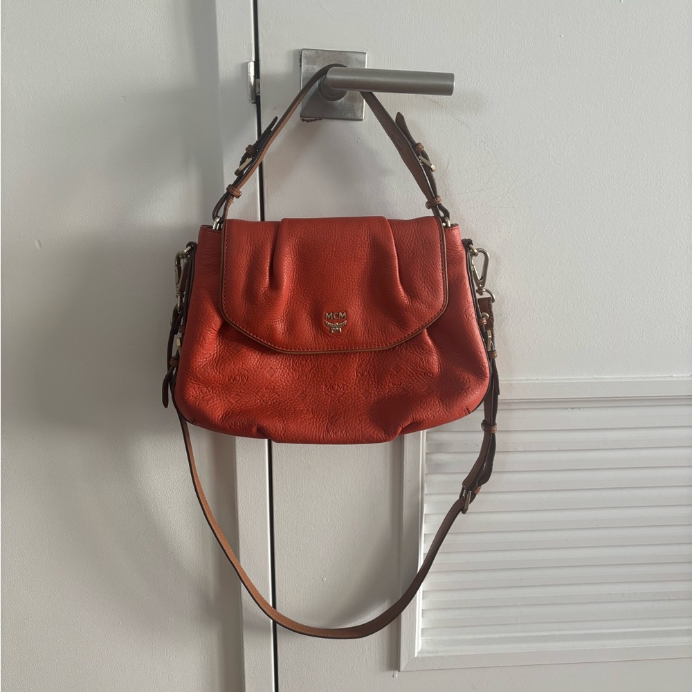 MCM Orange Leather 2 Way Saddle Shoulder Bag with Brown Adjustable Strap